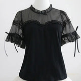 Pbong  Japanese Lolita JK Blouse Women Puff Sleeve Patchwork Shirts Sweet Kawaii Bow Blouses Hollow Out Ruffles Blusas Y2k Aesthetic