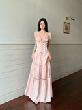 Pink Satin Backless Maxi Dress For Woman Shirring Beading A Line Long Tube Dress 2025 Summer Vacation Clothes