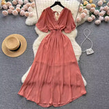 Pbong  Chiffon Solid Bohemian Maxi Dress Sexy Backless Bandage Vacation Outfits Summer Dress Elegant Two Layers Party Vestidos