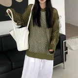 Oversized Crochet Top for Women Long Sleeve Crew Neck Casual Open-knit Sweater Pullovers Top Teen-girl Grunge Y2K Outfit