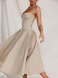 Pbong  Women's Summer Vintage Casual Solid Color Sleeveless Backless Fashion Dropped Waist Low-Cut Cami A-line Long Dress