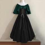 Pbong  Halloween Costumes for Women Medieval Retro Contrasting Color Slim Swing Dress One-word Shoulder Dress Love Live Cosplay