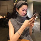 Cable Knit Turtleneck Sweater Vest for Women Cozy Funnel Neck Sleeveless Knit Top Jumper Pullovers Ladies Casual Chic Outfit