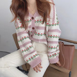 Women's Floral Cardigan Pointelle Knit V-neck Sweater Jacket Top Long Sleeved Button-up Cardi Soft Knitwear Korean Style Outfit
