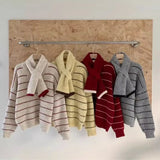 Women's Striped Sweater with Scarf Chunky Knit Loose-fit V-Neck Pullover Striped Jumper Ladies Autumn Winter Classic Chic Outfit