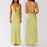 Pbong  Women's Elegant Solid Color Adjustable Thin Shoulder Straps Cutout Tie-Up Front Backless Summer Long Cami Silky Dress