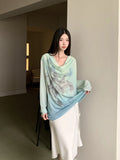 Gradient Fall 2025 Fashion Woman Oversize Graphic T Shirts Long Sleeve Top Cowls Blue Tee Autumn Streetwear Clothing
