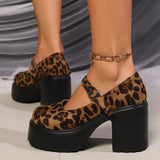 Pbong  Leopard Chunky High Heels Pumps for Women Fashion Buckle Strap Platform Mary Jane Shoes Woman Gothic Thick Heel Party Shoes