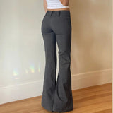 Pbong  Grey Low Waisted Flared Pants Female Y2K High Street Retro Wide Leg Trousers Fashion Slim Pocket Office Lady Suit Pants