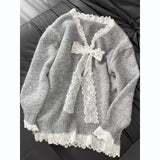 Lazy American Vintage High Street Patchwork Lace V Neck Sweaters Y2k Aesthetic Knitted Long Sleeve Clothing Harajuku Pullovers