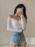 Pbong  Y2k Sexy Slash Neck Women Vintage Tshirts Temperament Chain Bodycon New Tops Long Sleeve Tunic All Match T-shirt