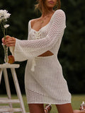 Mesh Crochet Long Beach Shirt Women Solid Cover Up Ladies Long Sleeve Hollow Out Sexy Beachwear Bathers Swim Bathing Suit