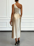 Pbong  Elegant Evening Party Long Dresses For Women Summer Fashion Sleeveless Off Shoulder Satin Maxi Dress Casual
