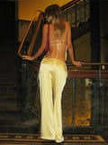 Summer New Casual Pant Sets Female Sexy Plunge Lace Up Backless Vest Top Elastic Waist Trousers Summer Women Solid Suit