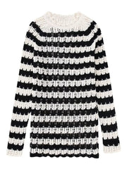 Black White Striped Knitted Short Dress Autumn Woman Hollow Out Crochet Dresses Female Fashion High Street Knit Mini Dress