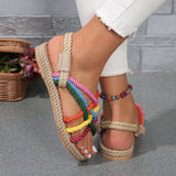 Pbong  Women Rainbow Color Braided Rope Flat Heel Sandals Outdoor Casual Slip On Slides Sandals Woman Plus Size 43 Beach Vacation Shoes