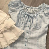 Sweet Fresh French Puff Short-sleeved Ruffled Shirts Women's Summer High-end Waist Slimming Temperament Single Breasted Blouse