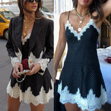 Spring Lace Patchwork Streetwear Dress Of Set 2025 New Fashion Stripe Blazer Coat And Slip Short Dress Fashion Two Piece Set