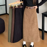 Pbong  High Waist Slimming Retro Corduroy Midi Skirt Hip Concealing Straight Leg A- Line Wrap around Skirt for Women Solid Color