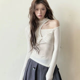 Chic Design Asymmetical O Neck Hollow Out Tops Front Cross Draped Office Lady French Shirts Y2k Harajuku American Punk Clothes