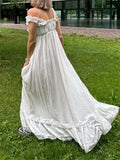 Pbong  Women White Long Dress Lace Trim Tie-up V Neck Sleeveless Ruffle Loose Tank Dress for Evening Party Club Bohemian Summer
