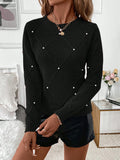 Women's solid color pearl round neck long sleeved knitted sweater for autumn and winter