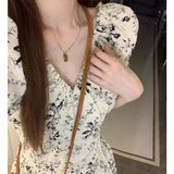 Pbong  Women's Elegant Floral Print Mini Dress Ruffle Short Sleeve V Neck A-line Party Dress