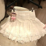 Sweet Coquette Short Skirt Women Bow Kawaii Ruffle Mini Skirts Lace Patchwork White A-line Layered Skirt Aesthetics