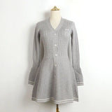 V-neck Single Breasted Twists Knitting Short Dress 2025 Casual Gray Spring Summer New Dress Fashion A-line Stripe Women Dresses