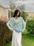 Gradient Fall 2025 Fashion Woman Oversize Graphic T Shirts Long Sleeve Top Cowls Blue Tee Autumn Streetwear Clothing