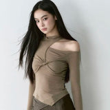 Chic Design Asymmetical O Neck Hollow Out Tops Front Cross Draped Office Lady French Shirts Y2k Harajuku American Punk Clothes