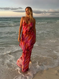 Sexy Backless Lace Up Printed Dresses Women Irregular Hem Ruffles Sling Beach Dress Female Summer Sleeveless Robe Holiday Street