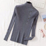 Ribbed Knit Top for Women Pullovers Button Decor Mock Neck Sweater Stretchy Long Sleeve Fitted Jumper Teen-girl Fall Winter