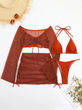 4 Pieces Lace Up Halter Triangle Bikini Swimsuit & Cover Up Top With Skirt Sexy Swimwear Women Bathing Swimming Suit Female