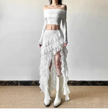 Elegant Tulle Ruffle Skirt Women Boho Lace Vintage White Irregular Skirt Korean Style Summer Layered Mid Skirts Street