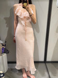 Ruffle Solid Color Pink Beige Long Dress Fashion V-neck Slim Vacation Beach Women Dress Vestidos 2025 New Summer Woman Clothing