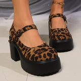 Pbong  Leopard Chunky High Heels Pumps for Women Fashion Buckle Strap Platform Mary Jane Shoes Woman Gothic Thick Heel Party Shoes