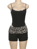 Street Women 2 Piece Set Leopard Print Tracksuit Stretch Sleeveless Bodysuit Tops+Wide Waist Shorts Matching Outfits