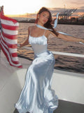 Ribbon Spaghetti Strap Dress For Women Mesh Splice Elegant Sexy Vacation Long Dress Backless Summer New Female Dress