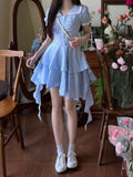 Pbong  French Sweet Dresses Peter Pan Collar Puff Sleeve Plaid Pleated Irregular Ruffles Dress Summer Female Slim Women's Clothing