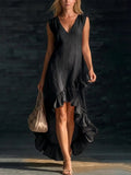 Pbong  Elegant Cotton Sleeveless Long Dresses For Women Summer Solid Color V-neck  Party Maxi Dress Casual