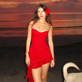 Ruffle Asymmetric Red Sexy Short Dress Fashion Y2K Slim V-neck Slip Dress 2025 New Sequins Shine Beach Vacation Dresses Vestidos