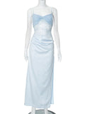 Lace Splice Long Spaghetti Strap Dress Female Backless High Slit Sexy Vacation Dress Elegant Sleeveless Women's Fashion