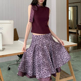 Pbong   Vintage Elegant Two-piece Satin Skirts Sets Bow Purple Tops T-shirt Korean Fashin Double-layer Polka Dot Skirts Women Outfits