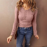 Pbong  New Autumn Winter Solid Color Knitted Tops Women's Round Neck Long Sleeved Button T-Shirt Fashion Pullover Lady Clothes