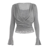 Pbong  Temperament French High Street Sexy Deep V Neck Long Sleeve Shirt Fashion Cross Pleated Design Lazy Fake 2 Piece Y2k Elegant Top