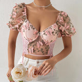Pbong  Euramerican Elegant Exquisite Flower Embroidery Summer Shirts All Match Sexy See-through Mesh Tank Tops Y2k Side Cross Strap Tee