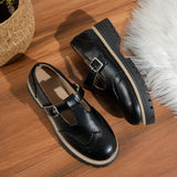 Pbong  Black T-Strap Flat Shoes for Women, Round Toe Brogue Detail with Metal Buckle, Casual Chunky Soled Shoes