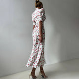 Pbong  Floral Print Long Dress For Women Puff Sleeve Hollow Out Lace Patchwork High Waist Dress Lady Sexy Elegant Holiday Dress