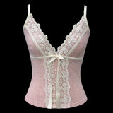 Fairy Coquette Tank Top y2k Women Lace Floral V Neck Spaghetti Strap Sleeveless Vest with Bow 2000s Aesthetic Clothing